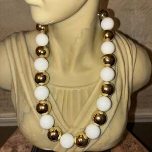 Vintage Monet Gumball Chunky White Resin and Gold Tone Beaded Statement Necklace